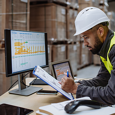 Man in a hard hat and safety vest reviewing plans at a desk with computers.