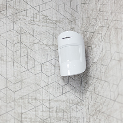 White motion sensor installed on a textured wall.