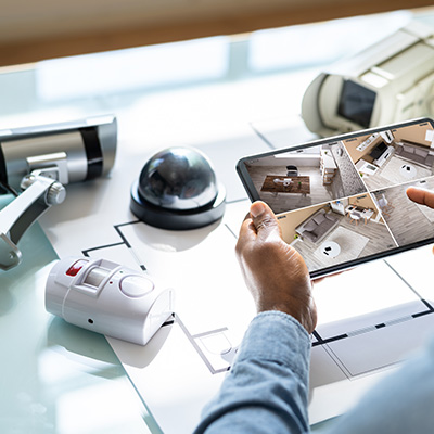 A person viewing security camera footage on a tablet with alarm systems and cameras on a table.