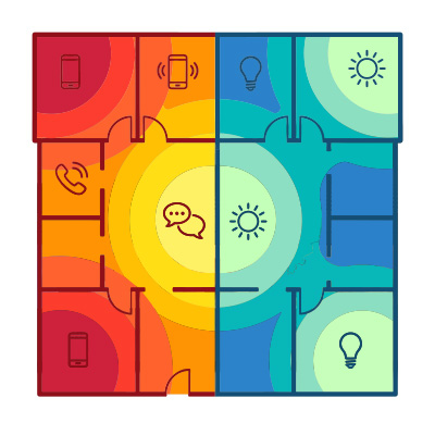 Colorful diagram illustrating structured cabling and communication systems in a home or office layout.