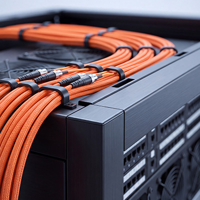 Structured cabling with orange wires neatly arranged on a server unit.